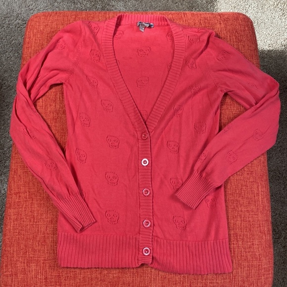 Y2K Watermelon Hot Pink Skull Knit Cardigan Sweater - Picture 2 of 11